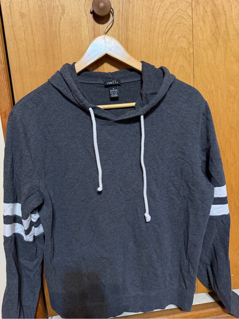 Rue21 Women’s Charcoal Zip-Up Hoodie with White Sleeve Stripes